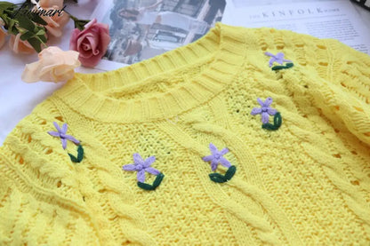 Cute Lemon Yellow Cropped Sweaters Woman Boxy Sweater Lantern Sleeve Cropped Knitted O-Neck Pullover Tops Street Wear Autumn