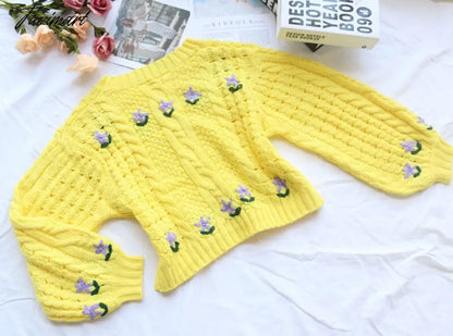 Cute Lemon Yellow Cropped Sweaters Woman Boxy Sweater Lantern Sleeve Cropped Knitted O-Neck Pullover Tops Street Wear Autumn