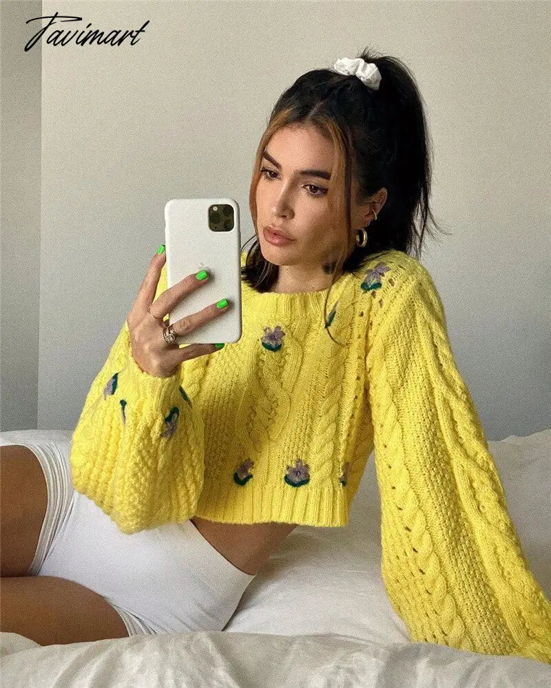 Cute Lemon Yellow Cropped Sweaters Woman Boxy Sweater Lantern Sleeve Cropped Knitted O-Neck Pullover Tops Street Wear Autumn