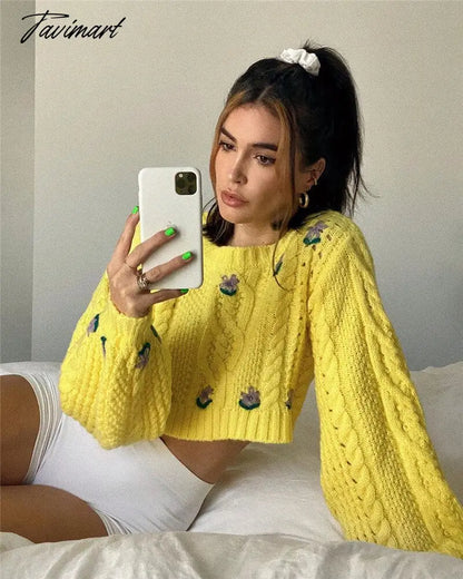 Cute Lemon Yellow Cropped Sweaters Woman Boxy Sweater Lantern Sleeve Cropped Knitted O-Neck Pullover Tops Street Wear Autumn