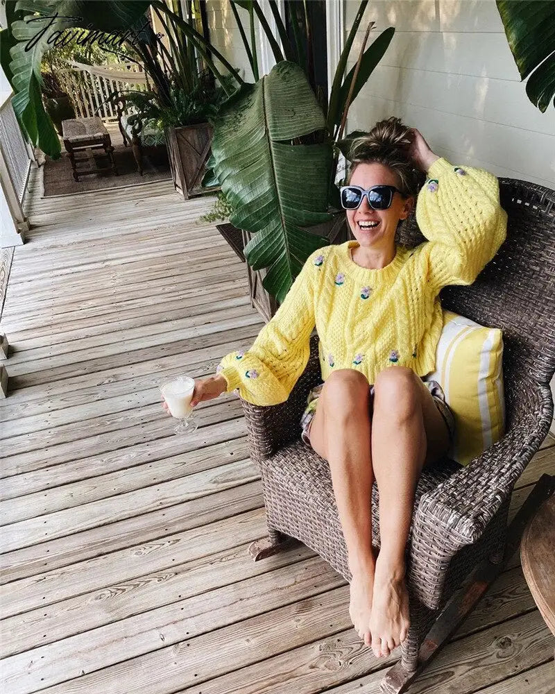 Cute Lemon Yellow Cropped Sweaters Woman Boxy Sweater Lantern Sleeve Cropped Knitted O-Neck Pullover Tops Street Wear Autumn