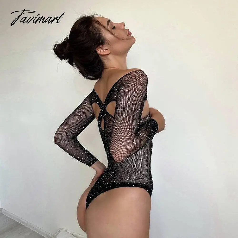 Daimonds Glitter Bodysuit See-Through Skinny Black Body Tops For Women Party Rompers Sheer Sexy Bodysuit lingerie