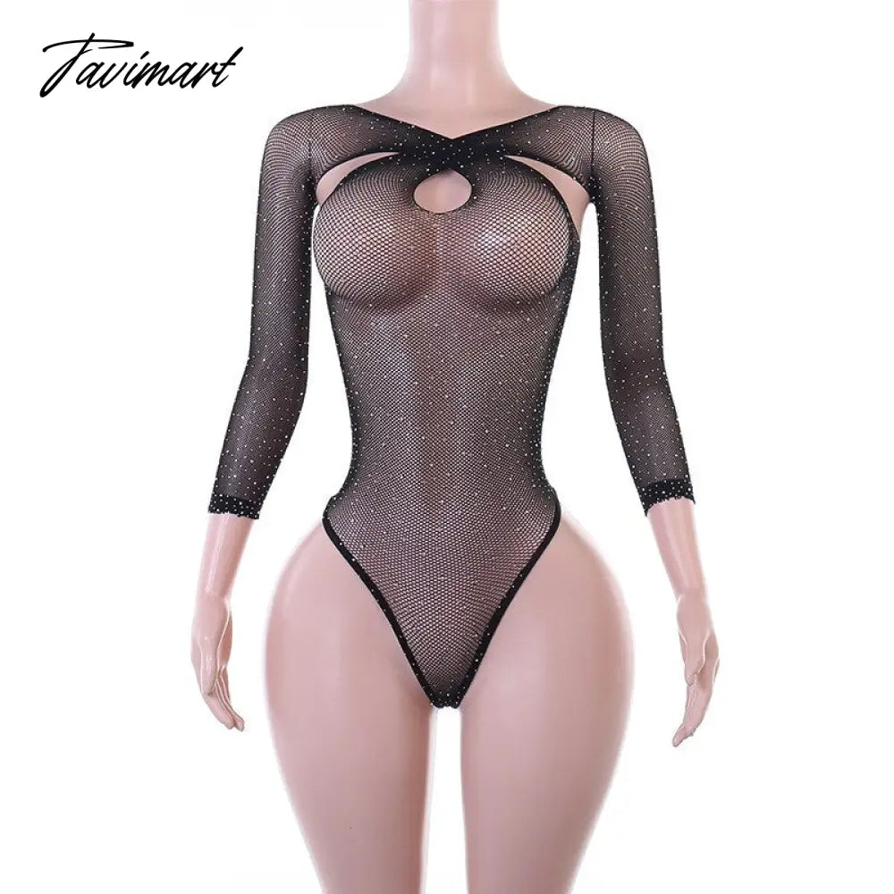 Daimonds Glitter Bodysuit See-Through Skinny Black Body Tops For Women Party Rompers Sheer Sexy Bodysuit lingerie