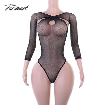 Daimonds Glitter Bodysuit See-Through Skinny Black Body Tops For Women Party Rompers Sheer Sexy Bodysuit lingerie