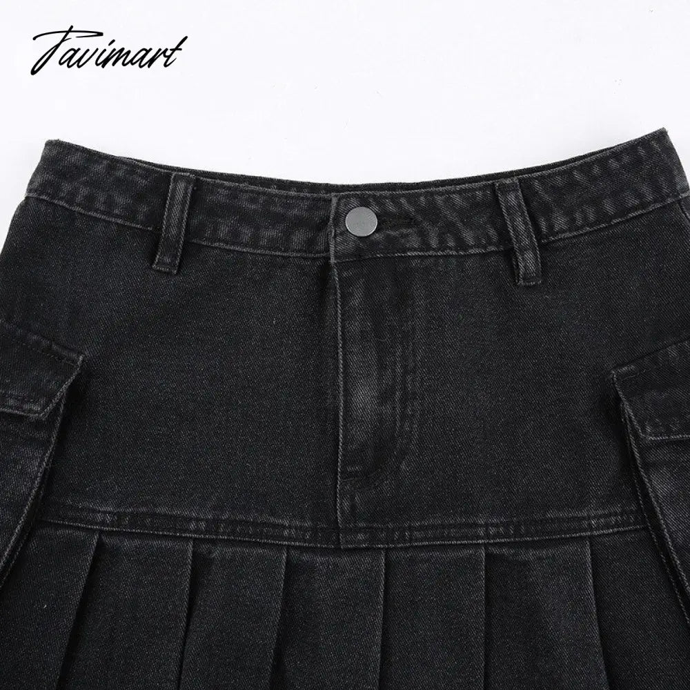 Denim Jeans Mini Skirt Micro Gothic Y2k Pleated A Line Black Korean Style Grunge Fairy Punk Streetwear Fashion Women Ladies