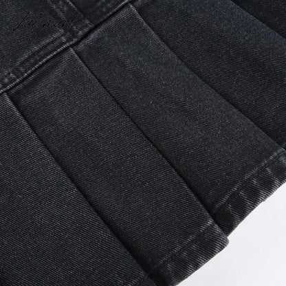 Denim Jeans Mini Skirt Micro Gothic Y2k Pleated A Line Black Korean Style Grunge Fairy Punk Streetwear Fashion Women Ladies