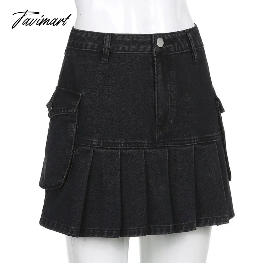 Denim Jeans Mini Skirt Micro Gothic Y2k Pleated A Line Black Korean Style Grunge Fairy Punk Streetwear Fashion Women Ladies