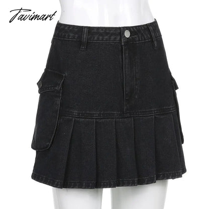 Denim Jeans Mini Skirt Micro Gothic Y2k Pleated A Line Black Korean Style Grunge Fairy Punk Streetwear Fashion Women Ladies