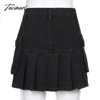 Denim Jeans Mini Skirt Micro Gothic Y2k Pleated A Line Black Korean Style Grunge Fairy Punk Streetwear Fashion Women Ladies