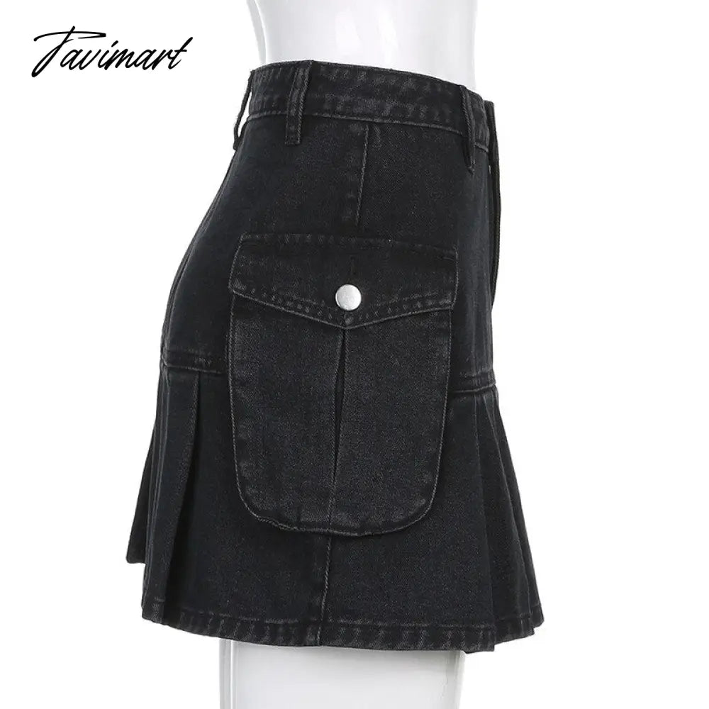 Denim Jeans Mini Skirt Micro Gothic Y2k Pleated A Line Black Korean Style Grunge Fairy Punk Streetwear Fashion Women Ladies