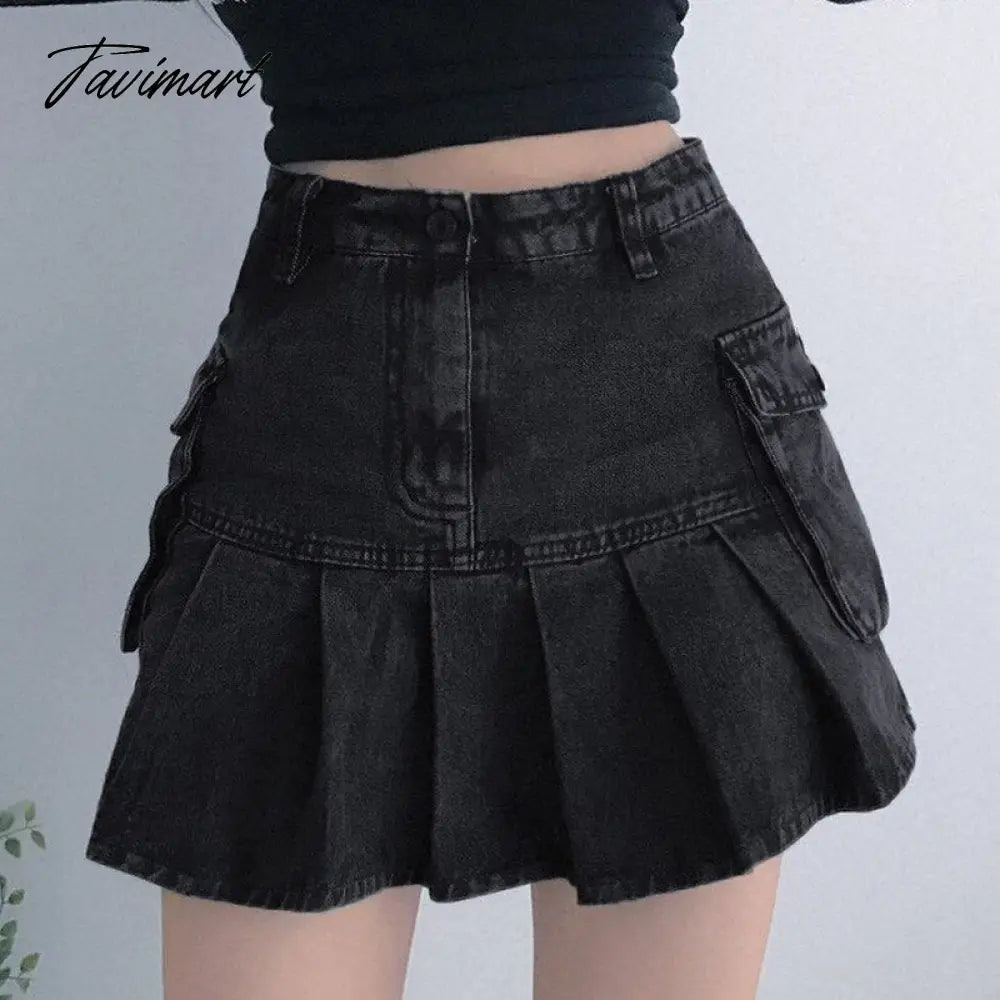 Denim Jeans Mini Skirt Micro Gothic Y2k Pleated A Line Black Korean Style Grunge Fairy Punk Streetwear Fashion Women Ladies