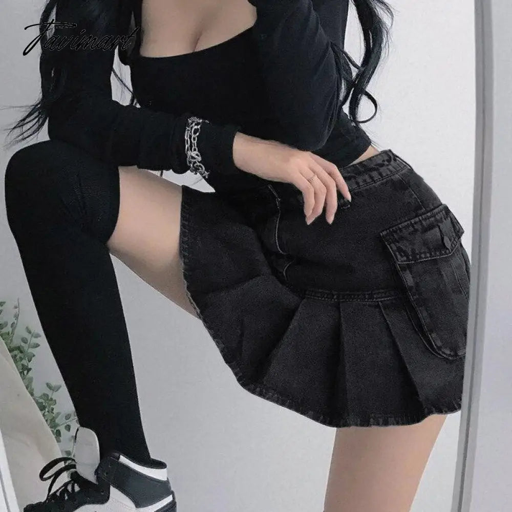 Denim Jeans Mini Skirt Micro Gothic Y2k Pleated A Line Black Korean Style Grunge Fairy Punk Streetwear Fashion Women Ladies