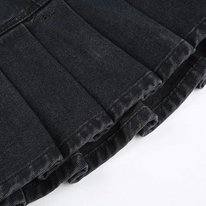 Denim Jeans Mini Skirt Micro Gothic Y2k Pleated A Line Black Korean Style Grunge Fairy Punk Streetwear Fashion Women Ladies