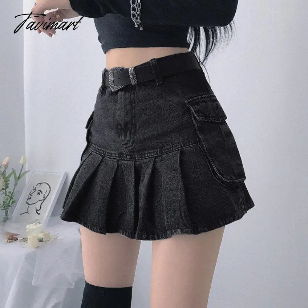 Denim Jeans Mini Skirt Micro Gothic Y2k Pleated A Line Black Korean Style Grunge Fairy Punk Streetwear Fashion Women Ladies