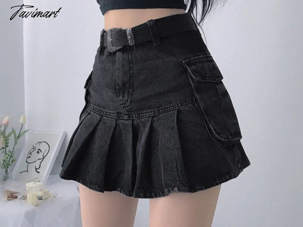 Denim Jeans Mini Skirt Micro Gothic Y2k Pleated A Line Black Korean Style Grunge Fairy Punk Streetwear Fashion Women Ladies