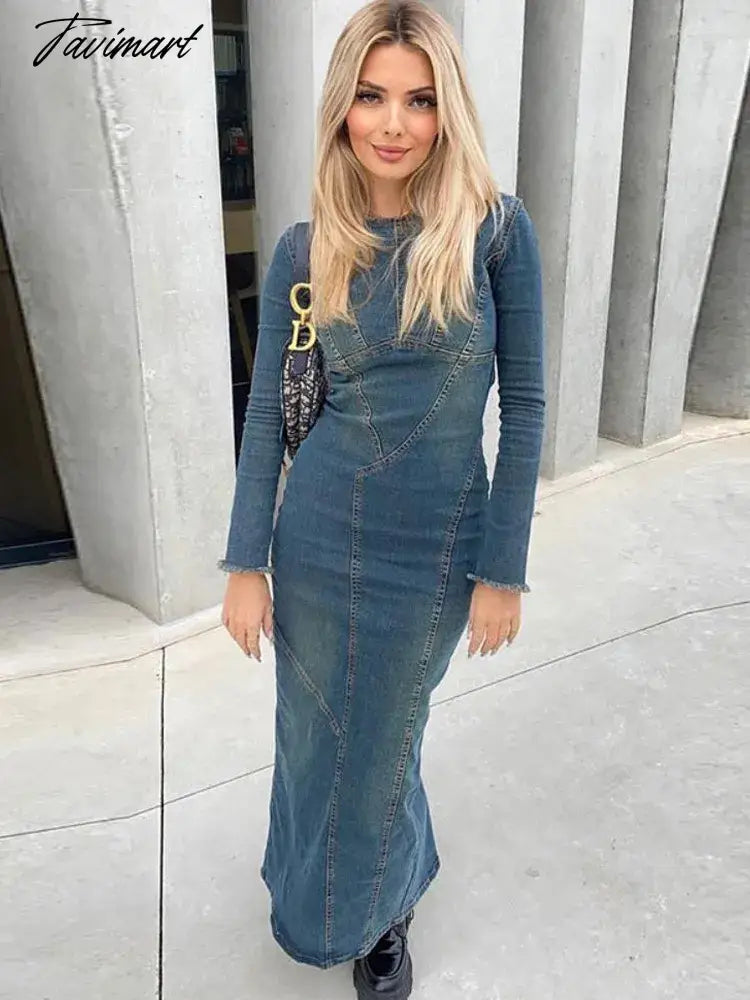 Denim Maxi Dress Women Blue Split Long Sleeve Loose Long Dresses Female Fashion Round Neck Streetwear Dress Sping Summer