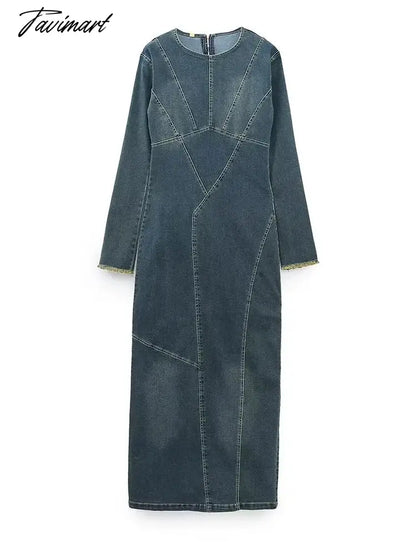 Denim Maxi Dress Women Blue Split Long Sleeve Loose Long Dresses Female Fashion Round Neck Streetwear Dress Sping Summer