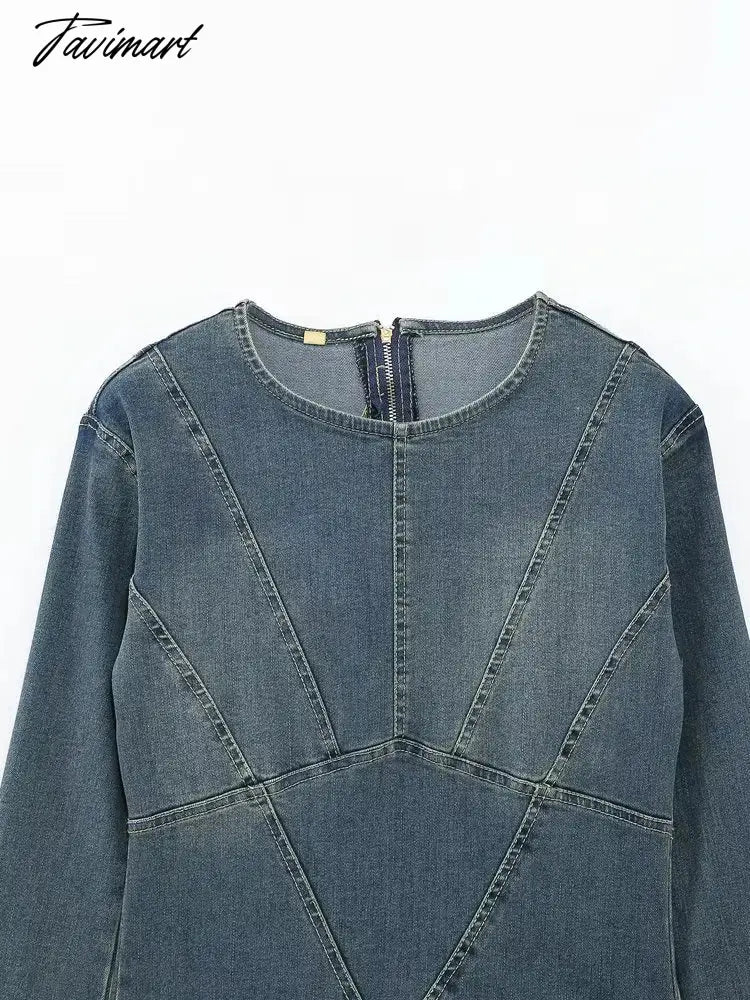 Denim Maxi Dress Women Blue Split Long Sleeve Loose Long Dresses Female Fashion Round Neck Streetwear Dress Sping Summer