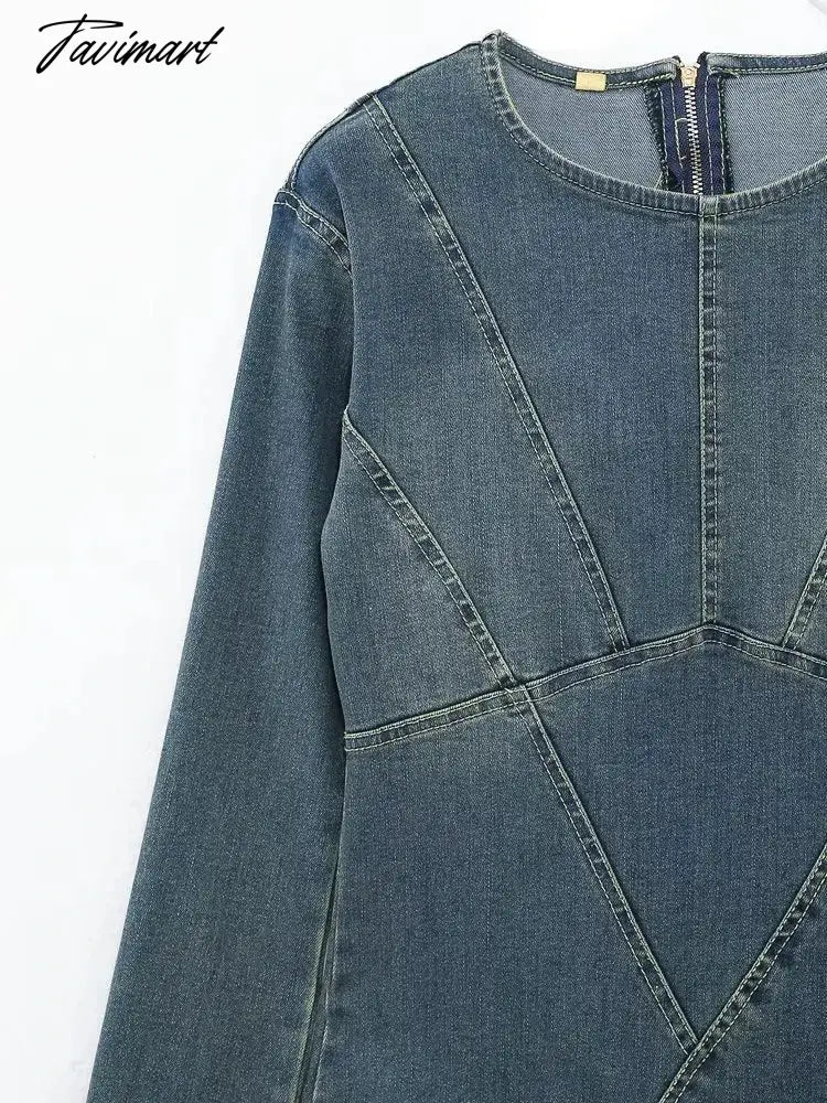 Denim Maxi Dress Women Blue Split Long Sleeve Loose Long Dresses Female Fashion Round Neck Streetwear Dress Sping Summer