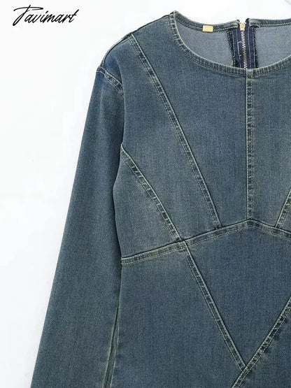 Denim Maxi Dress Women Blue Split Long Sleeve Loose Long Dresses Female Fashion Round Neck Streetwear Dress Sping Summer