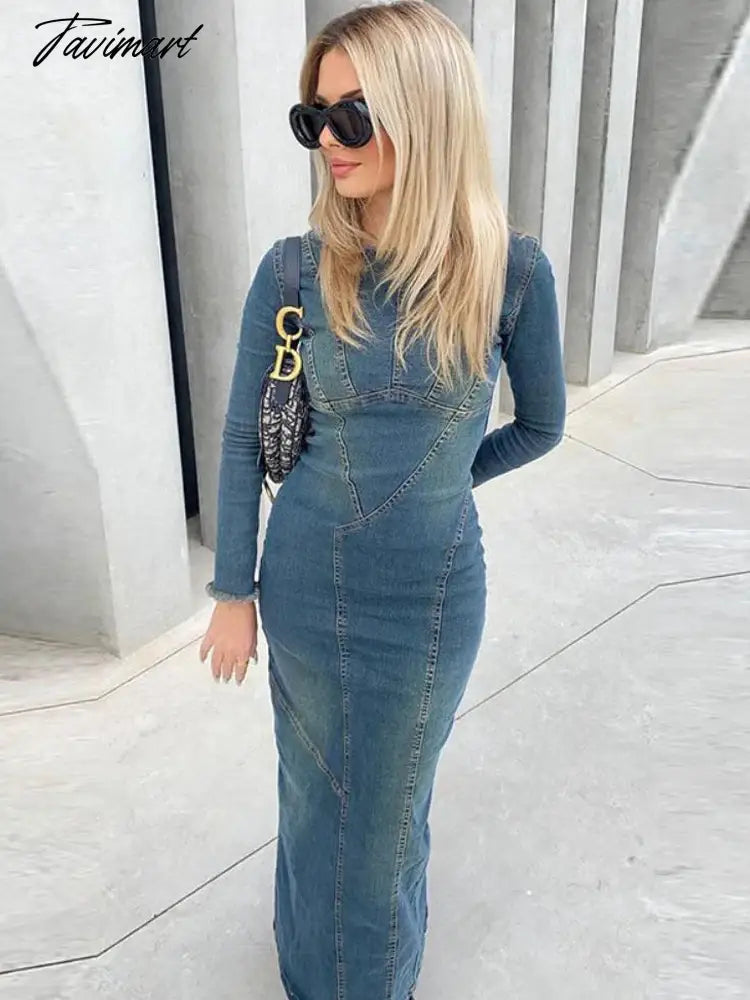 Denim Maxi Dress Women Blue Split Long Sleeve Loose Long Dresses Female Fashion Round Neck Streetwear Dress Sping Summer