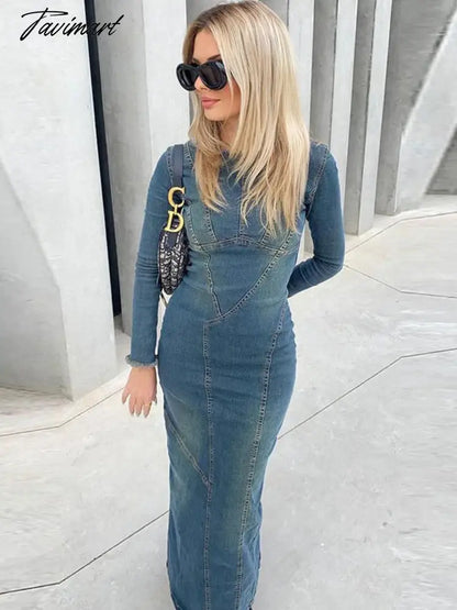 Denim Maxi Dress Women Blue Split Long Sleeve Loose Long Dresses Female Fashion Round Neck Streetwear Dress Sping Summer
