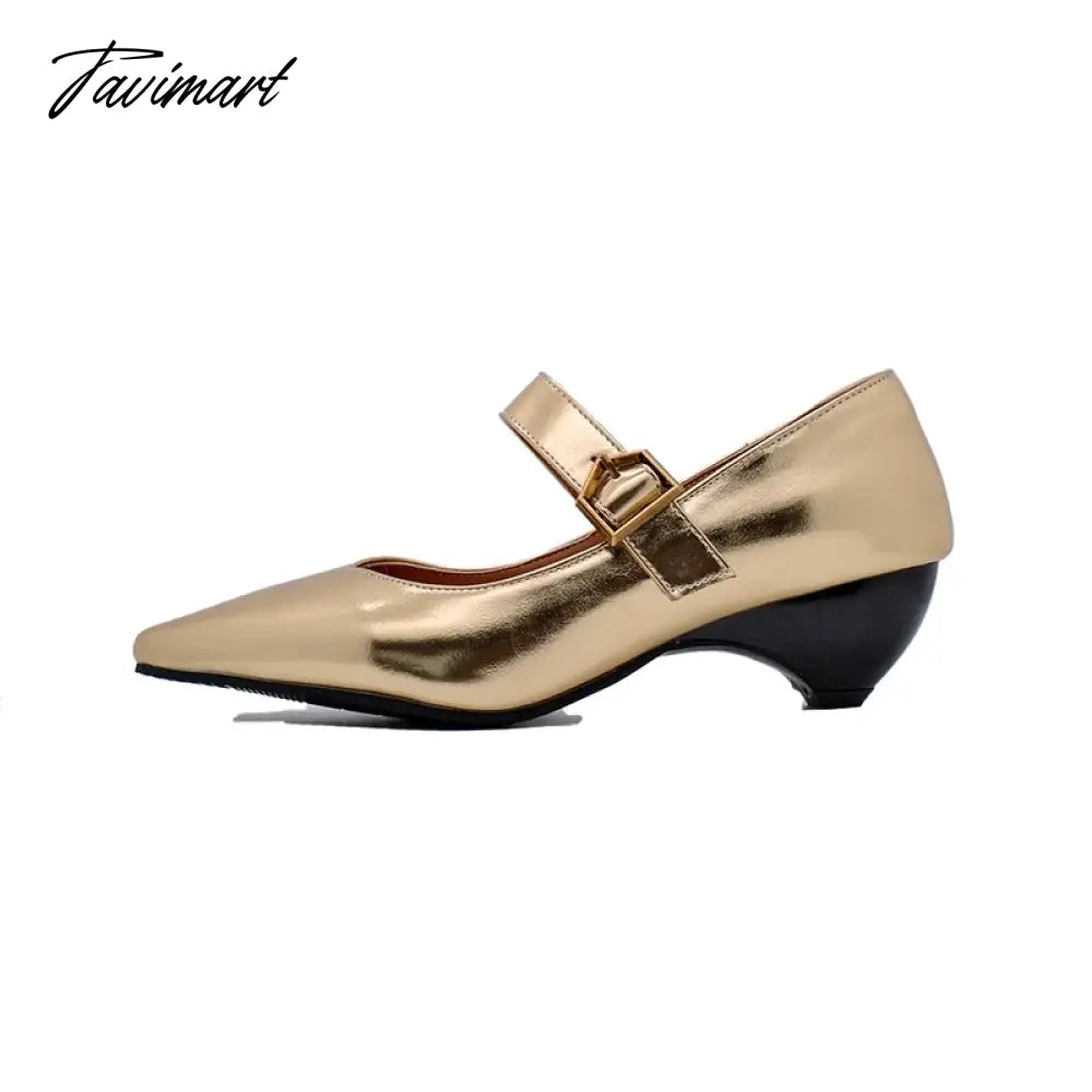 Design Brand Black Gold Silver Mary Jane Shoes for Women Spring Plus Size 45 46 47 Square Toe Belt Buckle Mid Heels Party Pumps