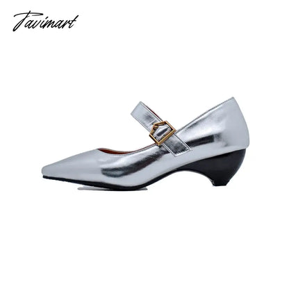Design Brand Black Gold Silver Mary Jane Shoes for Women Spring Plus Size 45 46 47 Square Toe Belt Buckle Mid Heels Party Pumps