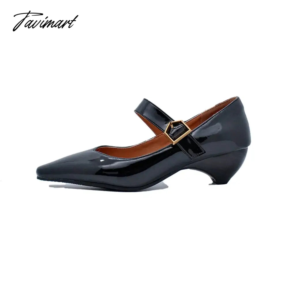 Design Brand Black Gold Silver Mary Jane Shoes for Women Spring Plus Size 45 46 47 Square Toe Belt Buckle Mid Heels Party Pumps