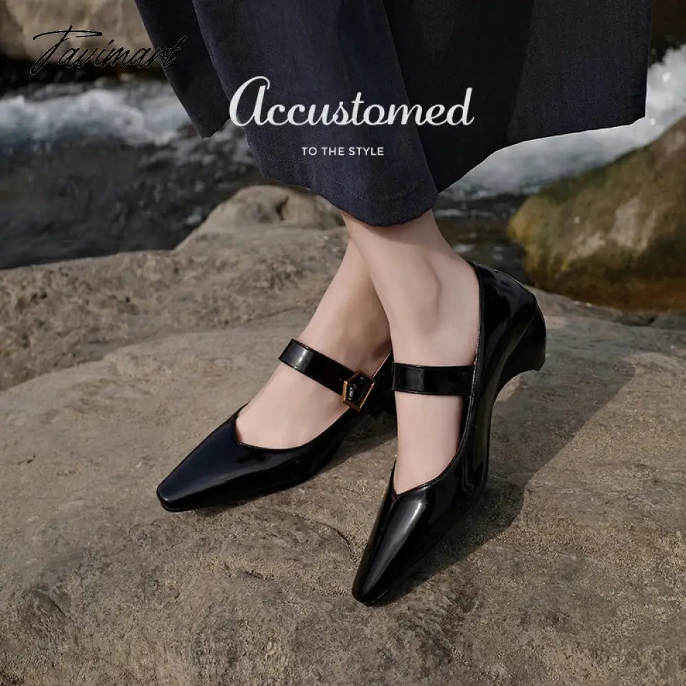 Design Brand Black Gold Silver Mary Jane Shoes for Women Spring Plus Size 45 46 47 Square Toe Belt Buckle Mid Heels Party Pumps