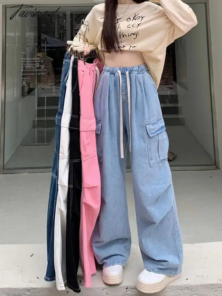 Drawstring Bandage Pocket Jeans Pants Women Autumn Y2k Wide Leg Streetwear High Waist Sweatpants Korean Baggy Denim Trousers New