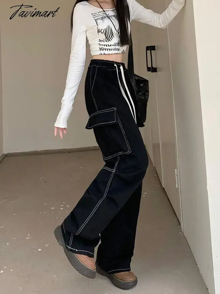 Drawstring Bandage Pocket Jeans Pants Women Autumn Y2k Wide Leg Streetwear High Waist Sweatpants Korean Baggy Denim Trousers New