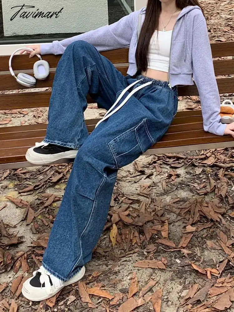 Drawstring Bandage Pocket Jeans Pants Women Autumn Y2k Wide Leg Streetwear High Waist Sweatpants Korean Baggy Denim Trousers New