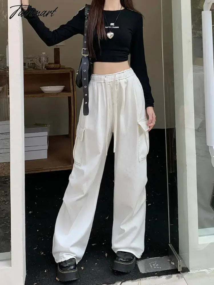 Drawstring Bandage Pocket Jeans Pants Women Autumn Y2k Wide Leg Streetwear High Waist Sweatpants Korean Baggy Denim Trousers New