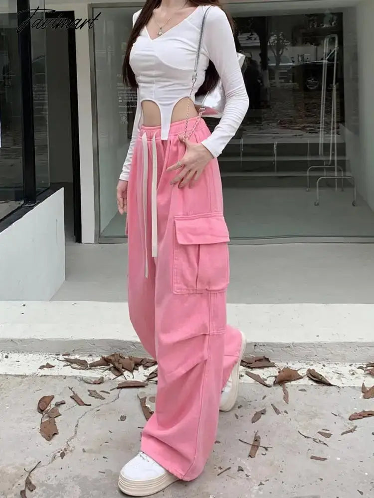 Drawstring Bandage Pocket Jeans Pants Women Autumn Y2k Wide Leg Streetwear High Waist Sweatpants Korean Baggy Denim Trousers New