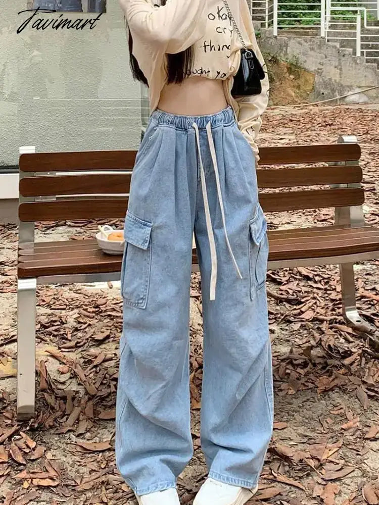 Drawstring Bandage Pocket Jeans Pants Women Autumn Y2k Wide Leg Streetwear High Waist Sweatpants Korean Baggy Denim Trousers New