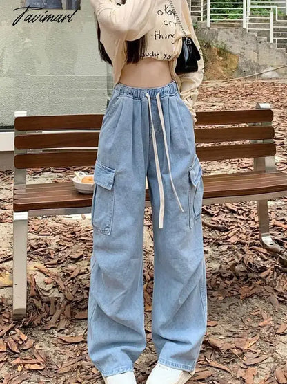 Drawstring Bandage Pocket Jeans Pants Women Autumn Y2k Wide Leg Streetwear High Waist Sweatpants Korean Baggy Denim Trousers New