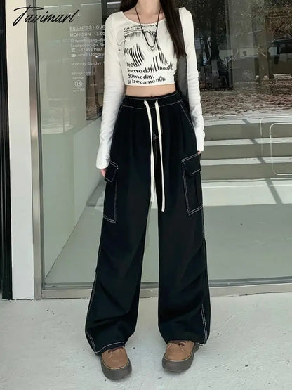Drawstring Bandage Pocket Jeans Pants Women Autumn Y2k Wide Leg Streetwear High Waist Sweatpants Korean Baggy Denim Trousers New