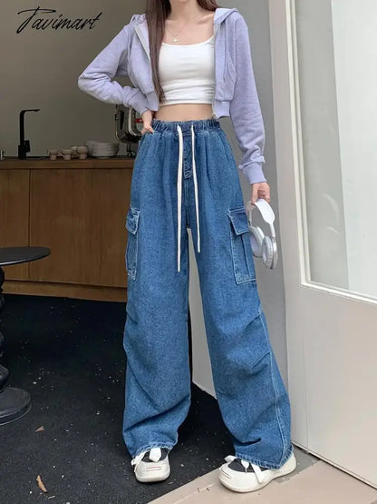 Drawstring Bandage Pocket Jeans Pants Women Autumn Y2k Wide Leg Streetwear High Waist Sweatpants Korean Baggy Denim Trousers New