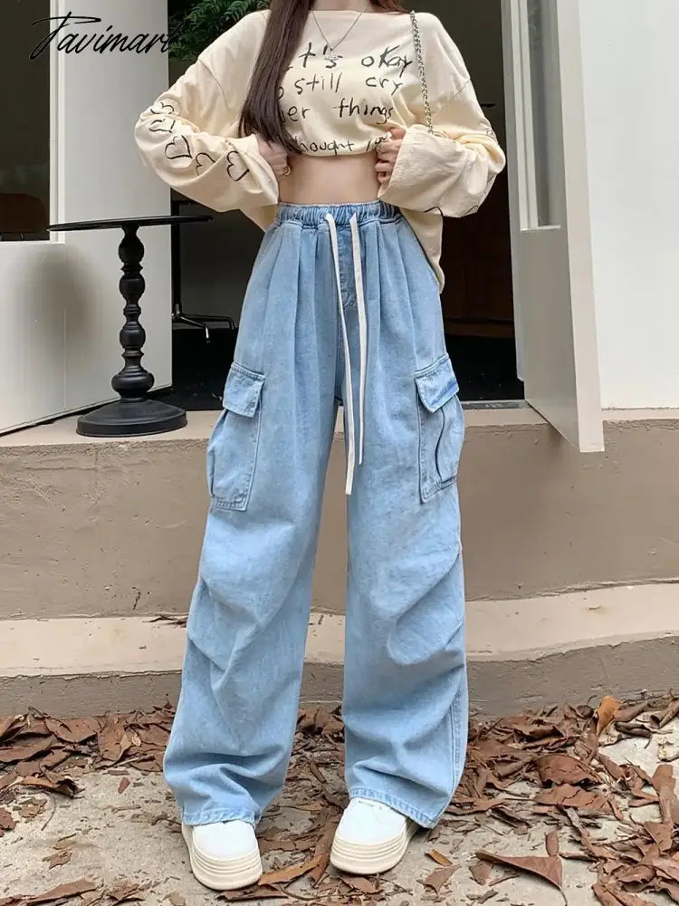 Drawstring Bandage Pocket Jeans Pants Women Autumn Y2k Wide Leg Streetwear High Waist Sweatpants Korean Baggy Denim Trousers New