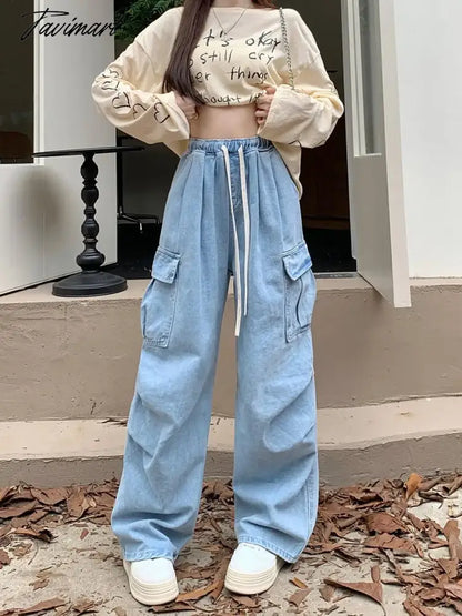 Drawstring Bandage Pocket Jeans Pants Women Autumn Y2k Wide Leg Streetwear High Waist Sweatpants Korean Baggy Denim Trousers New