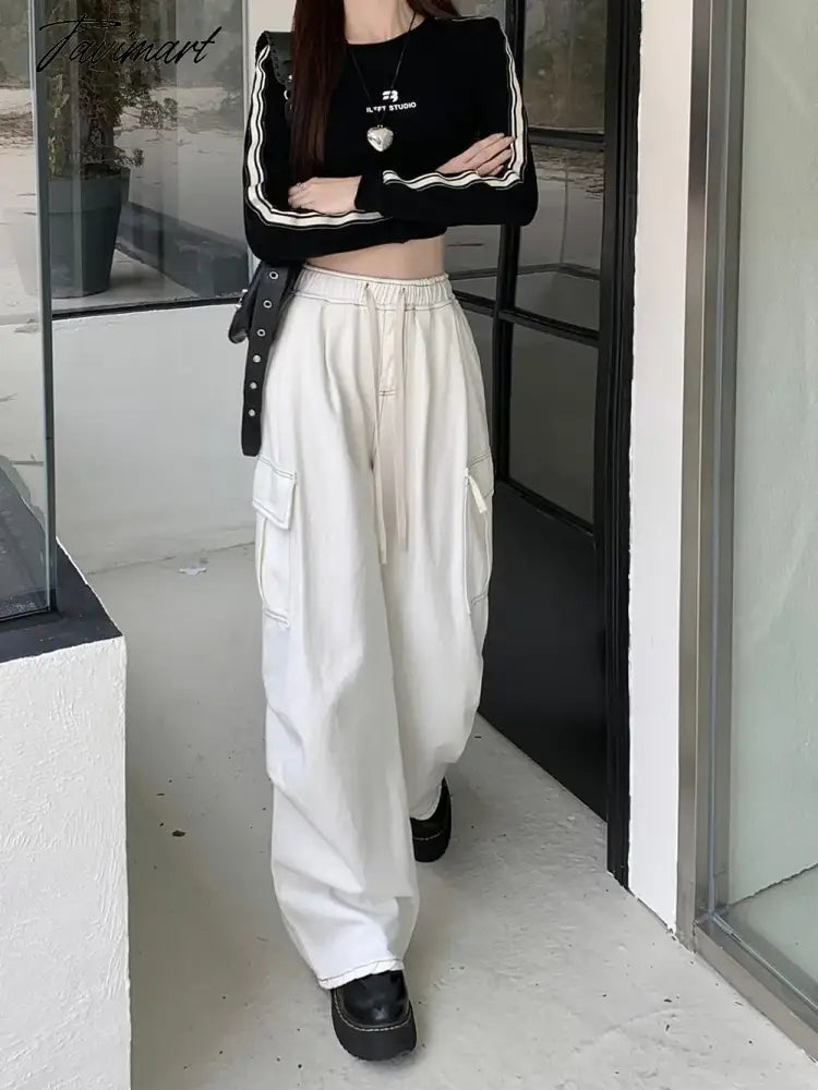 Drawstring Bandage Pocket Jeans Pants Women Autumn Y2k Wide Leg Streetwear High Waist Sweatpants Korean Baggy Denim Trousers New