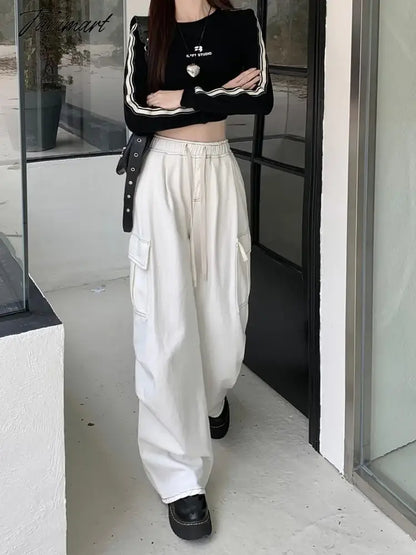 Drawstring Bandage Pocket Jeans Pants Women Autumn Y2k Wide Leg Streetwear High Waist Sweatpants Korean Baggy Denim Trousers New