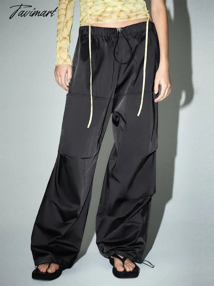 Drawstring Elastic Waist Cargo Pants Women Crease Detail Leg Adjustable Hem Baggy Pants With Pocket Satin Effect Black Trousers