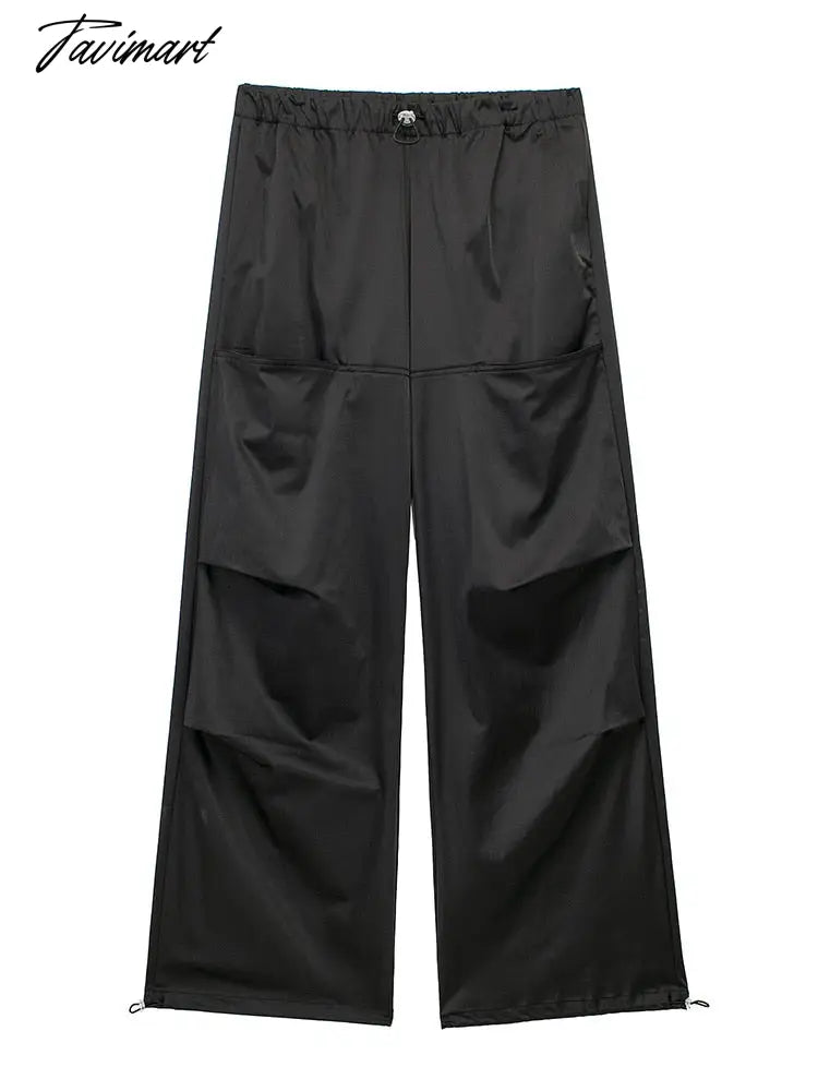 Drawstring Elastic Waist Cargo Pants Women Crease Detail Leg Adjustable Hem Baggy Pants With Pocket Satin Effect Black Trousers