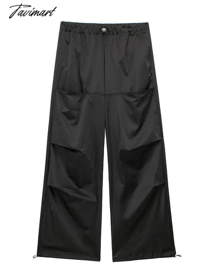 Drawstring Elastic Waist Cargo Pants Women Crease Detail Leg Adjustable Hem Baggy Pants With Pocket Satin Effect Black Trousers