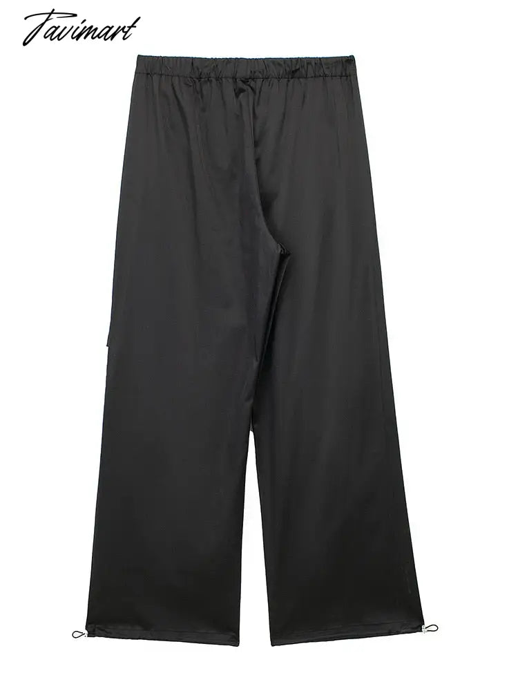 Drawstring Elastic Waist Cargo Pants Women Crease Detail Leg Adjustable Hem Baggy Pants With Pocket Satin Effect Black Trousers