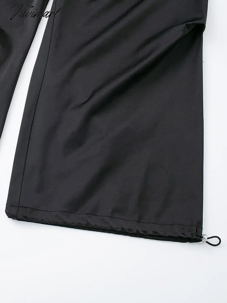 Drawstring Elastic Waist Cargo Pants Women Crease Detail Leg Adjustable Hem Baggy Pants With Pocket Satin Effect Black Trousers