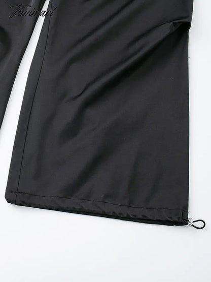 Drawstring Elastic Waist Cargo Pants Women Crease Detail Leg Adjustable Hem Baggy Pants With Pocket Satin Effect Black Trousers