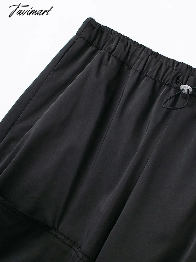 Drawstring Elastic Waist Cargo Pants Women Crease Detail Leg Adjustable Hem Baggy Pants With Pocket Satin Effect Black Trousers